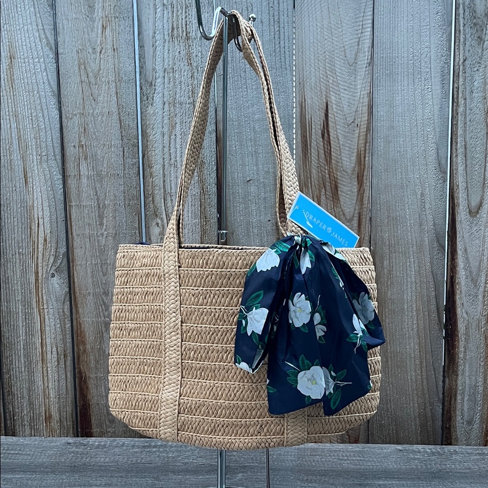 Draper James Natural Straw Tote with Navy Floral Scarf